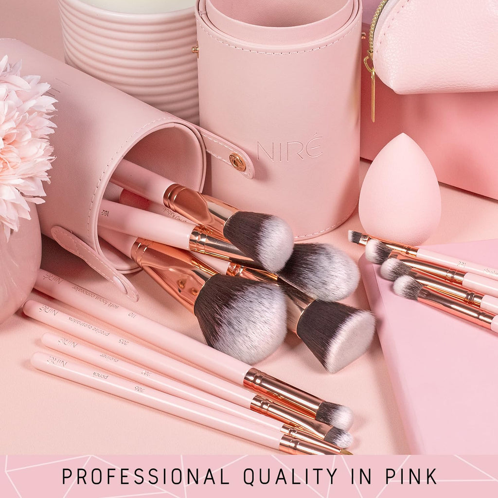 15-Piece Pink Makeup Brush Set with Case & Sponge