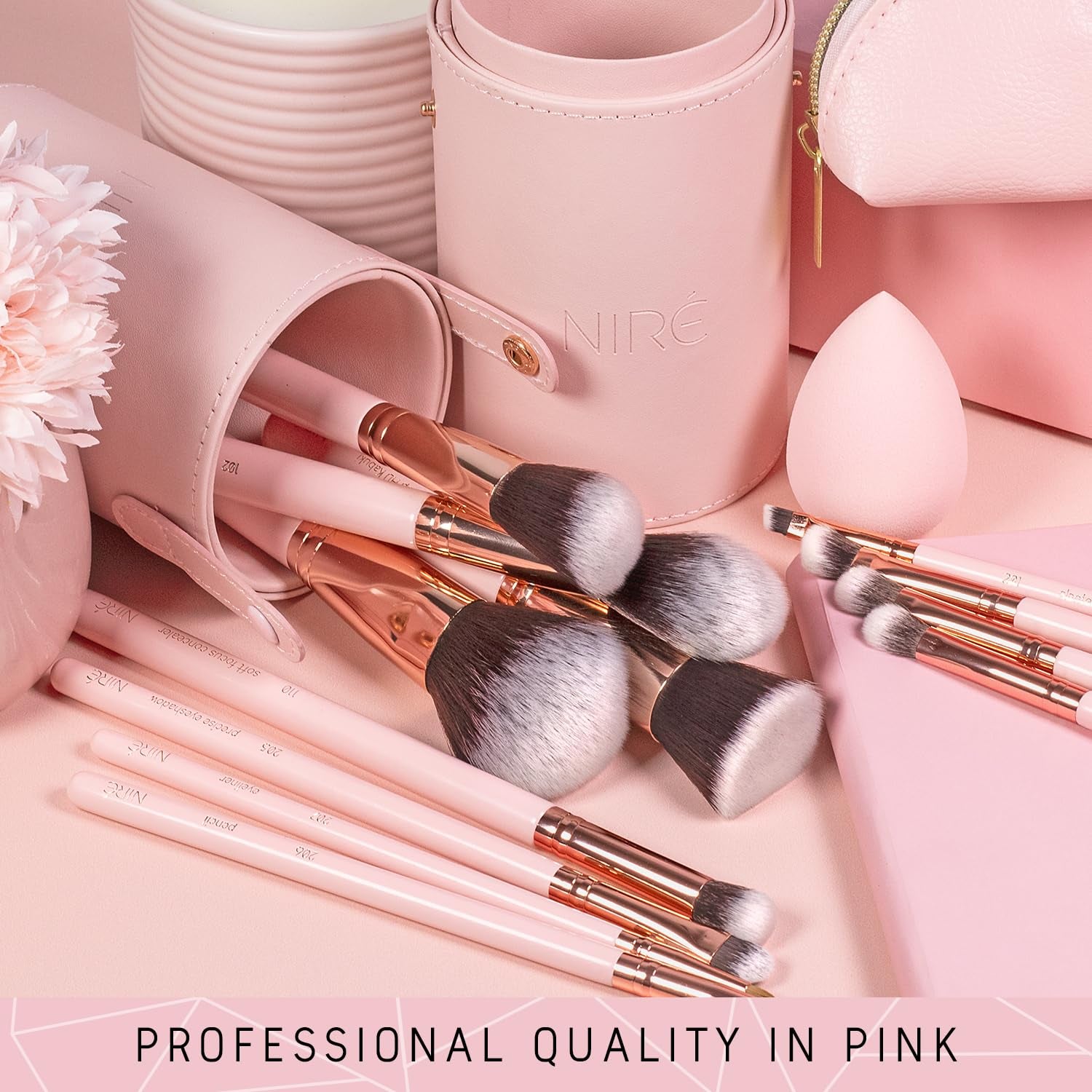 15-Piece Pink Makeup Brush Set with Case & Sponge